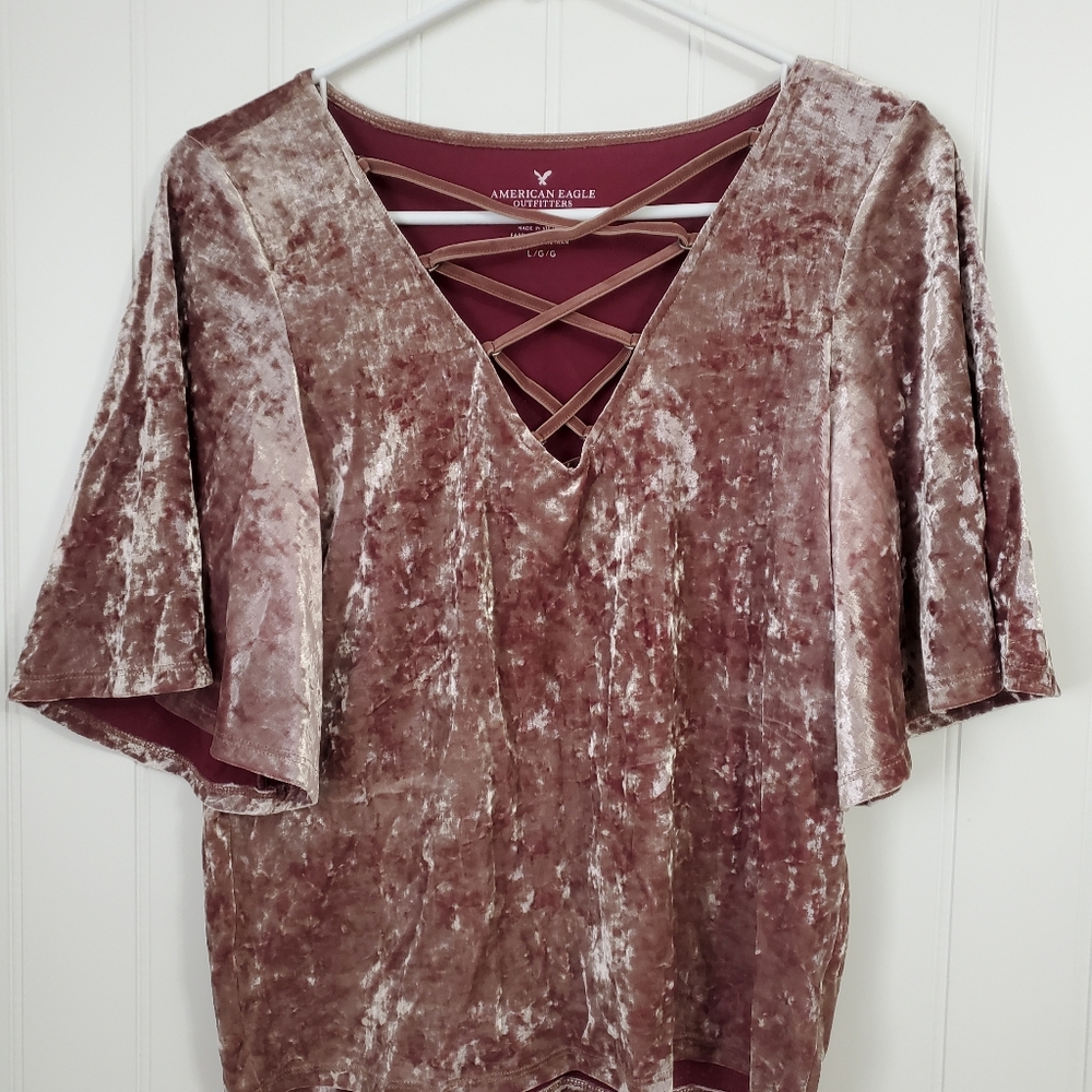 American Eagle Crushed Velvet Lace Up Flutter Sleeve T-Shirt